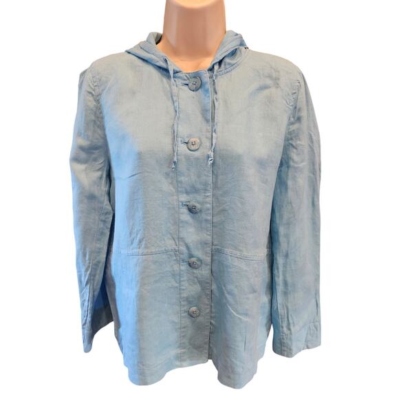 J. Jill size S light hooded jacket 100% linen shaket button down blue casual - Picture 1 of 7